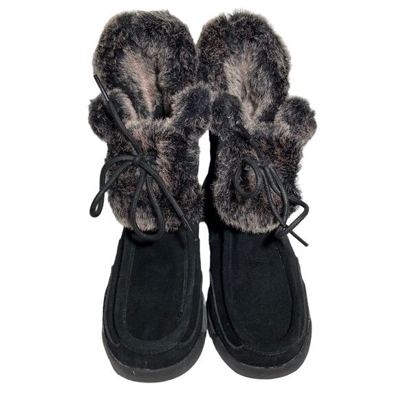 Lands End Women's Black Suede Winter Boots Size 7 B Faux Fur Trim Cold Weather - Picture 2 of 12